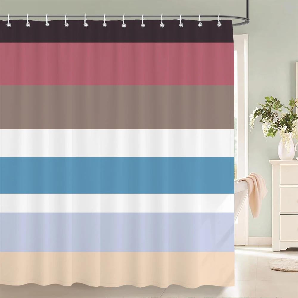 1 Pcs Shower Curtain Color Stripe Printed Bathroom Curtain Polyester Cloth Waterproof Home Decoration Curtain with Hooks