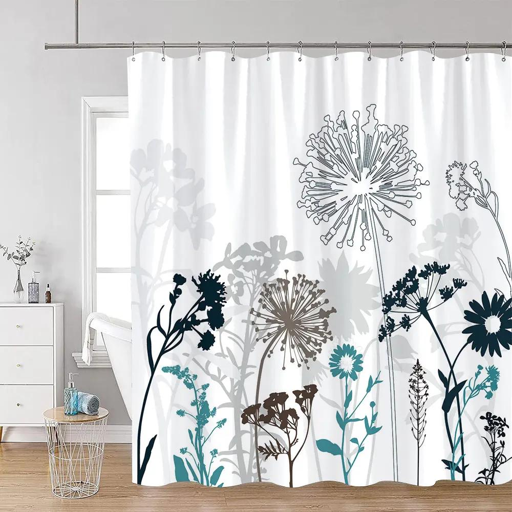 Floral Butterfly Shower Curtains Black and White Flowers Botanical Watercolour Art Modern Minimalist Bathroom Curtain Decor Sets
