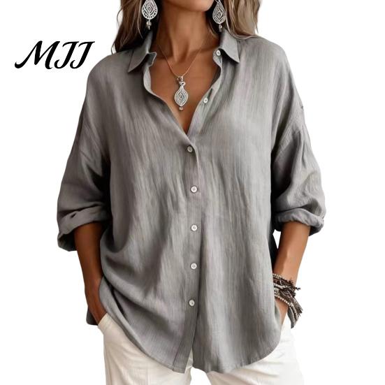 Solid Color Blouses Women Casual Button Front Shirt, Long Sleeve Turndown Collar Blouse, Work Shirts Drop Shoulder Fall Top for Daily Wear