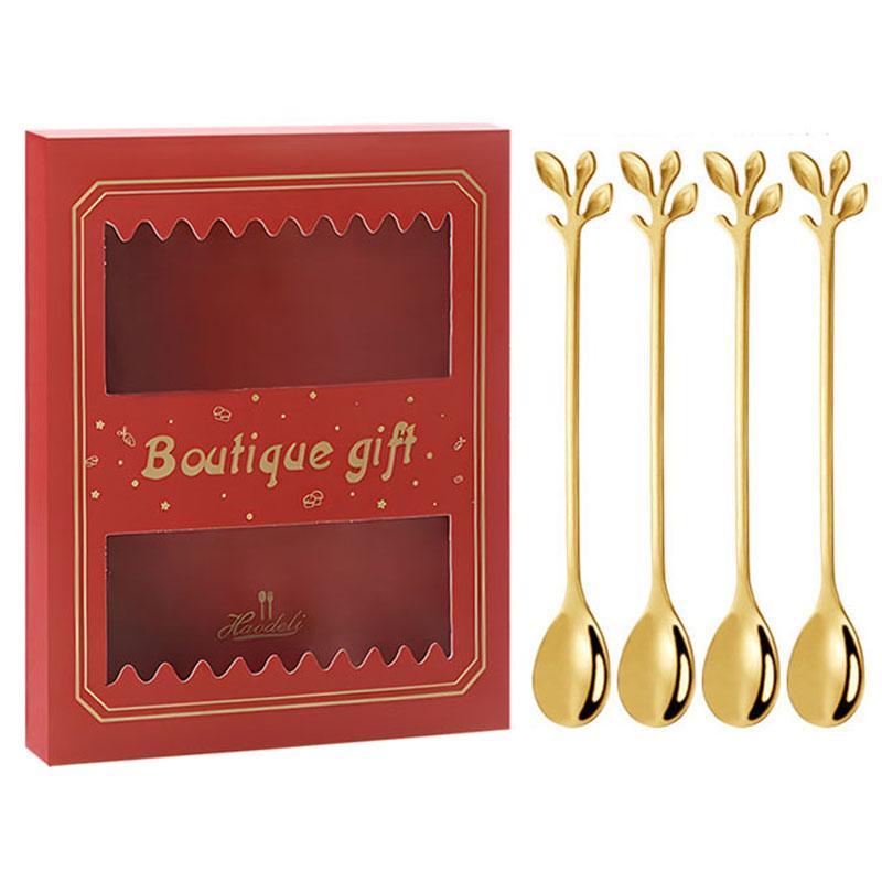 4PCS/Set 16.4 Cm Stainless Steel Leaf Coffee Spoons Tableware Dessert Spoons for Stirring, Mixing, Stirring