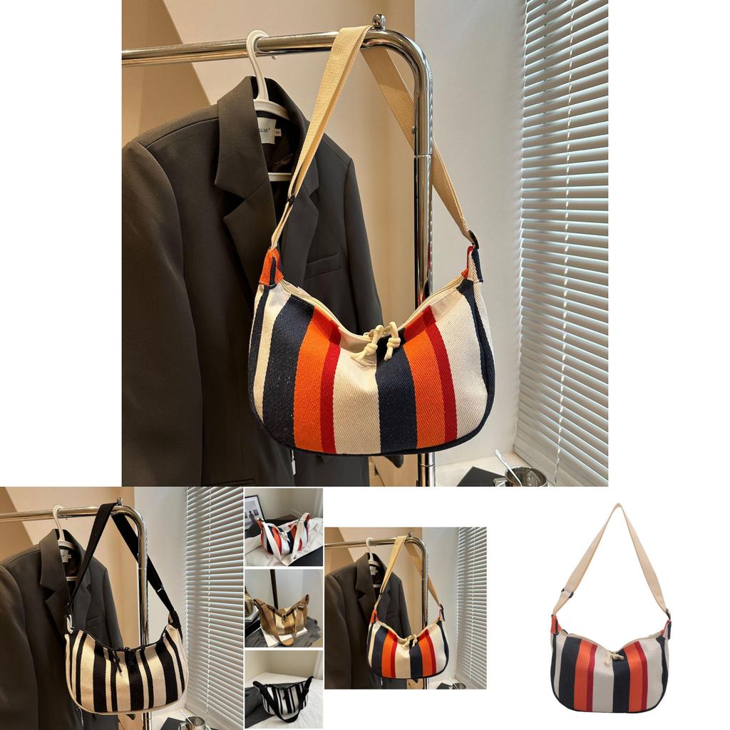 Fashionable Casual Striped Canvas Shoulder Bag For Everyday Use With Ample Space