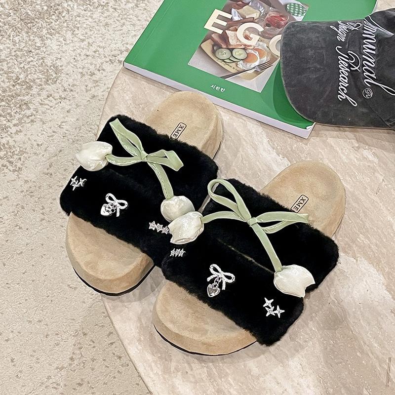 High-end Fluffy Slippers Women's Outer Wear 2025 New Autumn and Winter Home Warm Fashion One-word Cotton Slippers