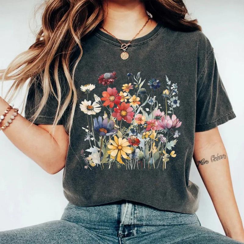 Summer Pure Cotton Washed and Aged Floral Round-neck Pullovers Short-sleeved Women's T-shirt