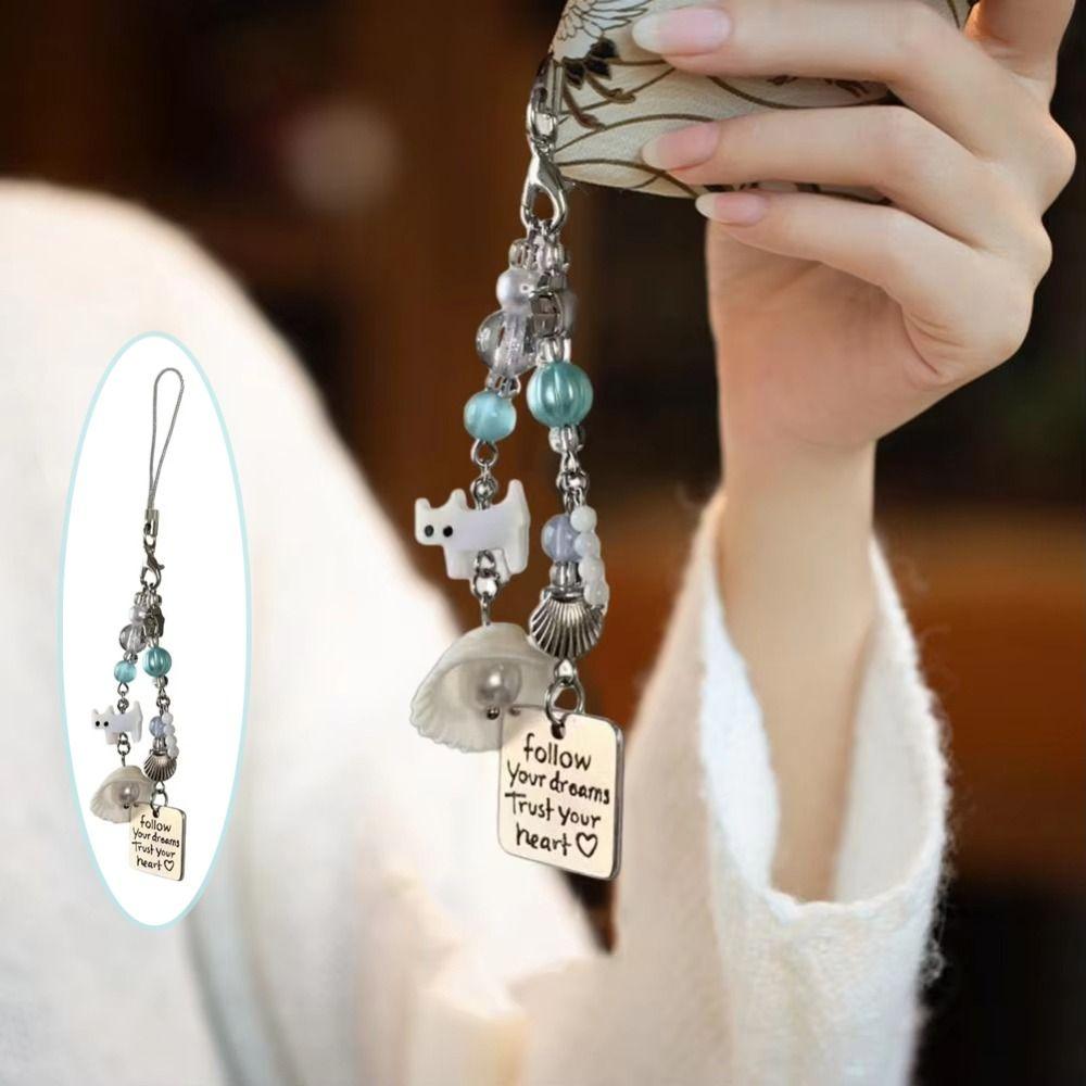 5PCS Glass Bead Cat Shell Keychain Zinc Zinc Alloy Shell Pearl Phone Lanyard Sweet Beaded Cat Pendant  Gift