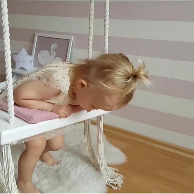 INS Style Kids Swing Chair: Solid Wood Seat with Cushion & Cotton Rope - Perfect for Bedroom Decoration & Baby Entertainment.