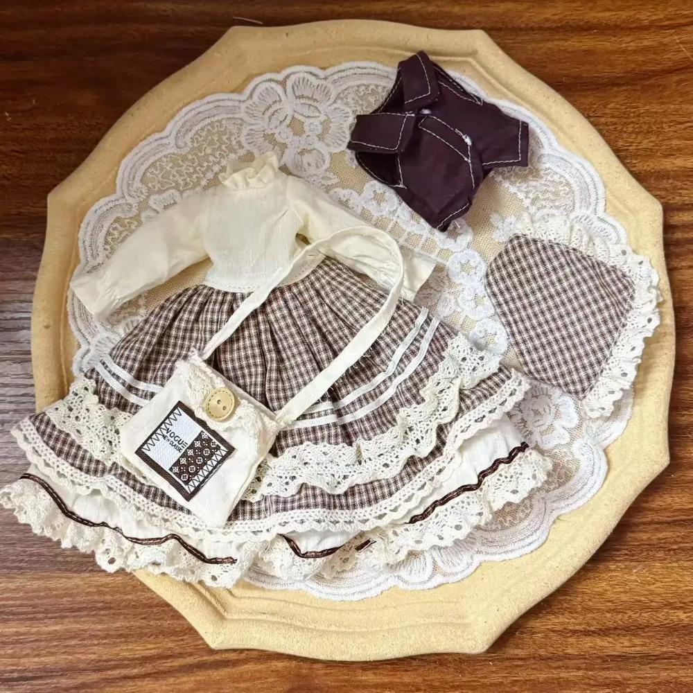 Braun Kariertes Kleid Set 6 Teile BJD Puppenkleidung süßer Prinzessinnenstil 30cm Puppenkleidung Outfitwechsel Anzieh Zubehör