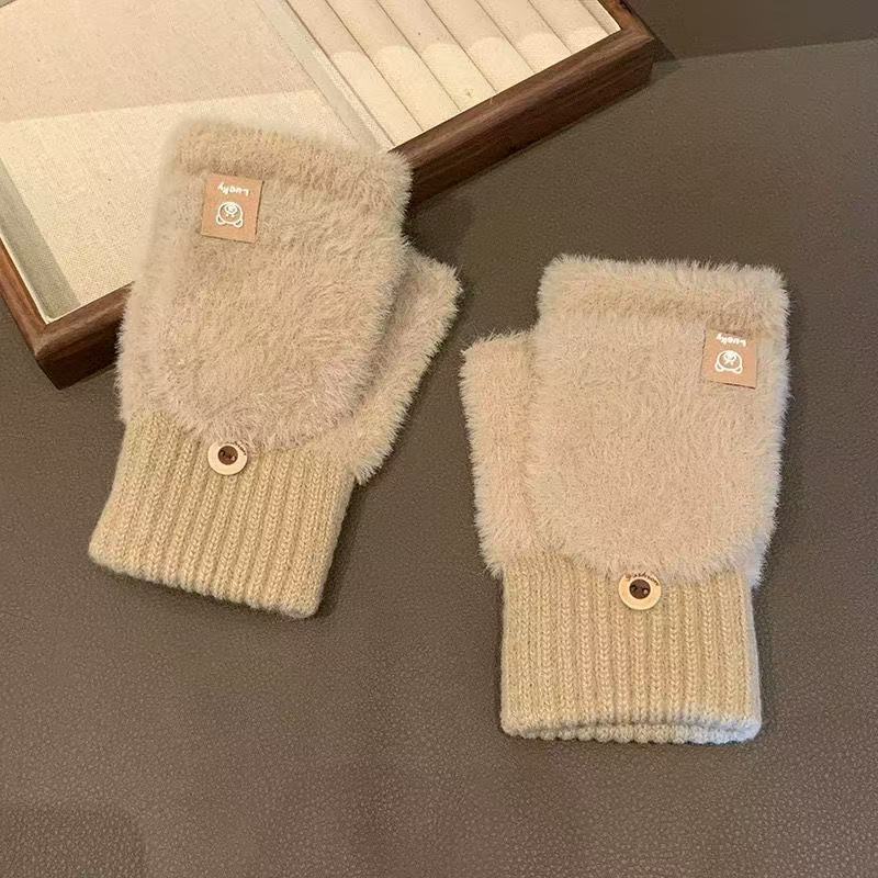 Open Finger Flip Gloves, Plush Gloves, Female, Winter, Cute, Warm, Cold Proof, Writing and Cycling, Thick Touch Screen Gloves, Couple Style