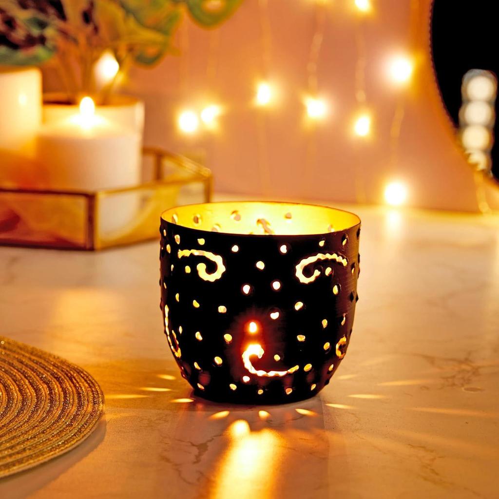 Ornamental Iron Tea Light | Stylish | for Indoors & Outdoors Décor (Matt Black with Gold)