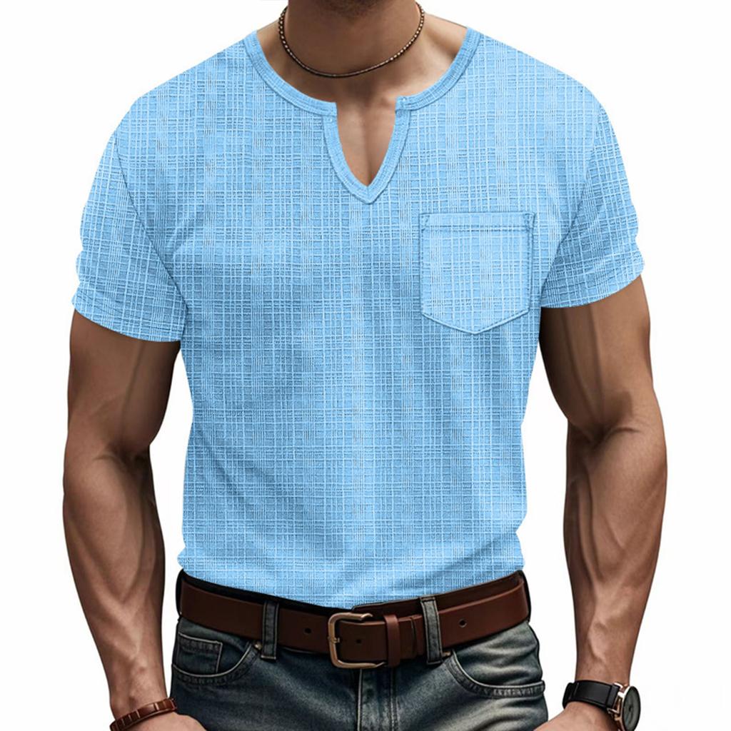 Men’s Short Sleeve Henley T Shirt with Chest Pocket Casual Lightweight Textured Fabric Notched Neckline Top