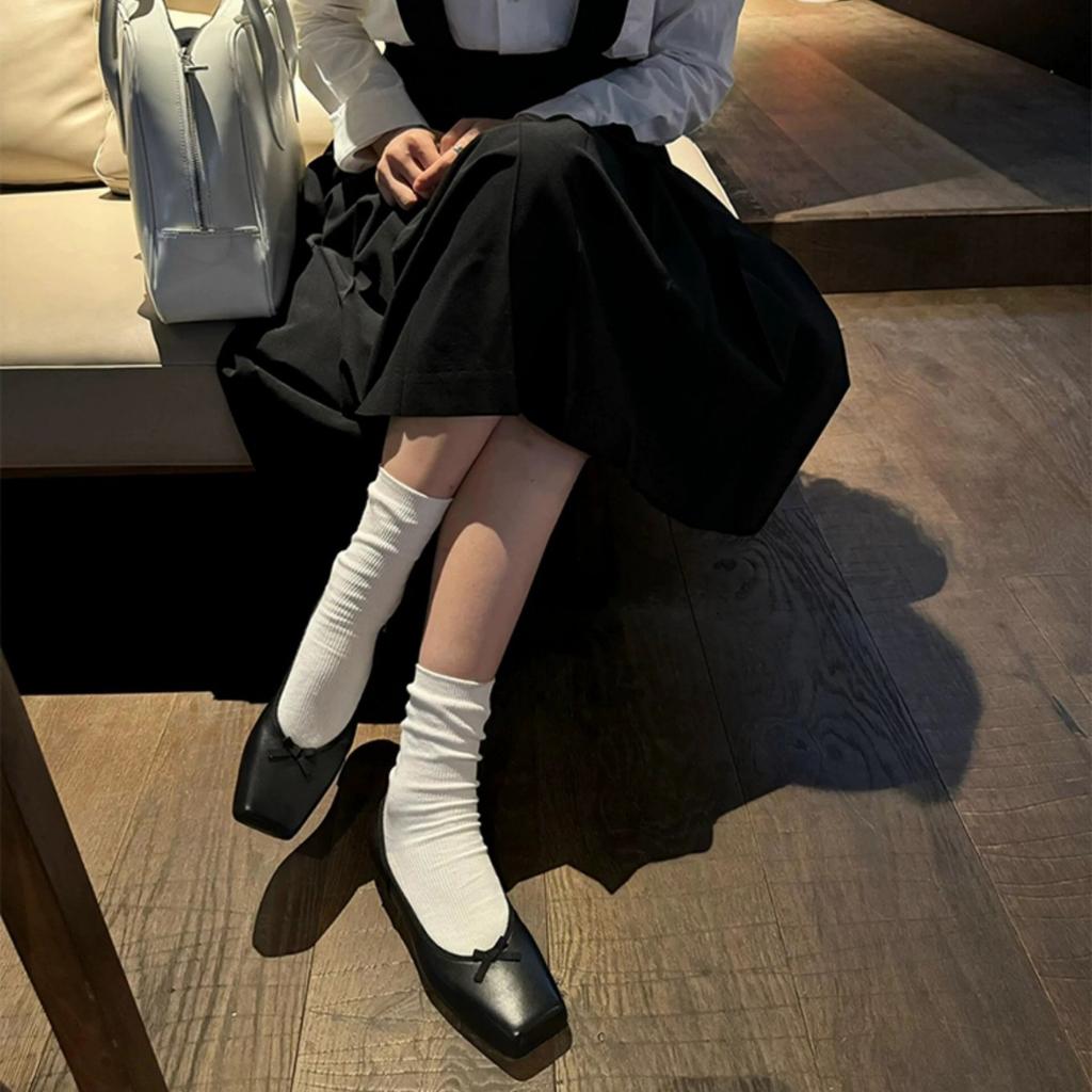 Genuine leather Korean version niche square toe shallow bow single shoes women's spring and autumn new versatile flat ballet shoes scoop shoes