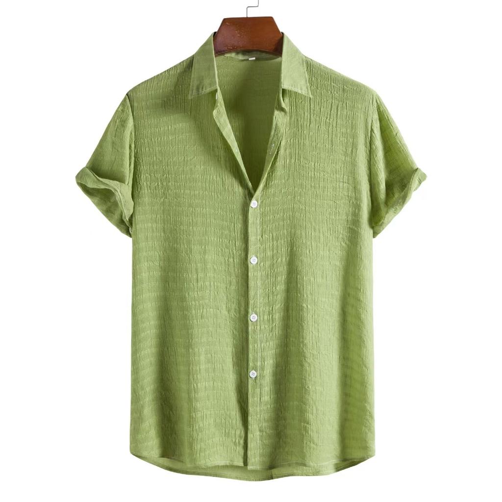 Man cotton shirt men's fashion trend solid color shirt dark compartment short sleeve men's shirt men's