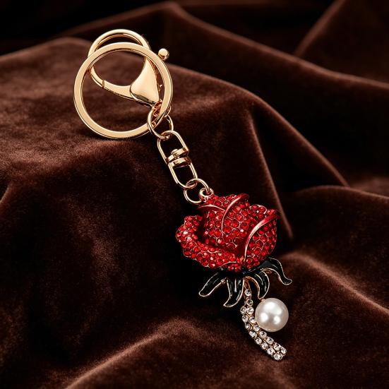 Keychain Pendant Sparkling Rhinestones Inlaid Imitation Pearl Rose Design Key Chain Lightweight Car Bag Decorative Accessory