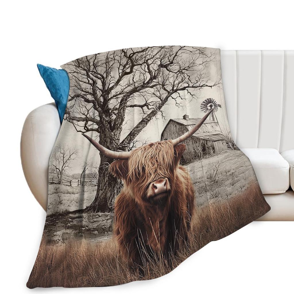 Cute Highland Cow Fleece Blanket Soft Cozy Farm Animal Flannel Throw Blanket for Farmhouse Bedroom Sofa Couch Outdoor Travel