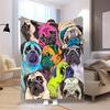 Cute Cartoon Pug Dog Blanket Colorful Pet Illustration Soft Cozy Warm Throw for Bed Sofa Travel Gift