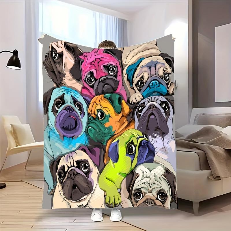 Cute Cartoon Pug Dog Blanket Colorful Pet Illustration Soft Cozy Warm Throw for Bed Sofa Travel Gift