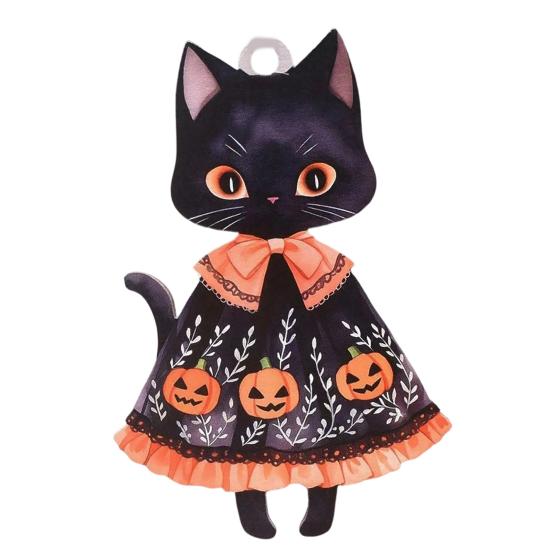 Watercolor Witch Cat Wood Decor Halloween Wooden Hanging Ornament, Decorative Pendant, Retro Black Decoration Cute Holiday Party Favors for