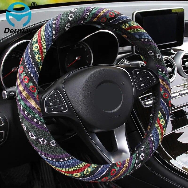 Car Steering Wheel Cover Handlebar Braid Steering Wheel Wrap Natural Fibers Anti Slip Breathable National Style 38cm Universal