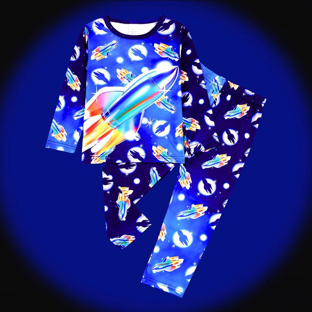 Flame-Retardant Milk Silk Kids' Dinosaur Pajama Set - Green Fluorescent, Long Sleeve & Pants