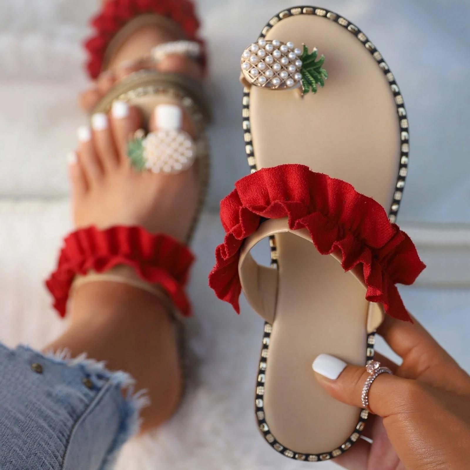 

Sandal Heels For Women Women Flat Pineapple Toe Pearl Bohemian Casual Shoes Beach Sandals Slippers Zapatos Mujer 42 красный