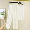 Damen Eleganter V-Ausschnitt Eisseide Kurzarmanzug Lässige Gerade Hose Zweiteiliges Outfit Lange Hose mit Kordelzug Kurzarmhemd