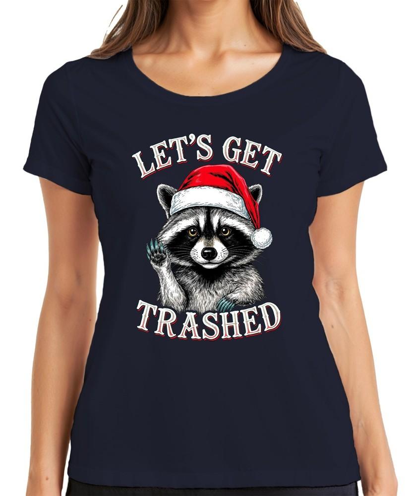 Lets Get Trashed Christmas Raccoon Santa Hat Party Funny Ladies Tshirt S