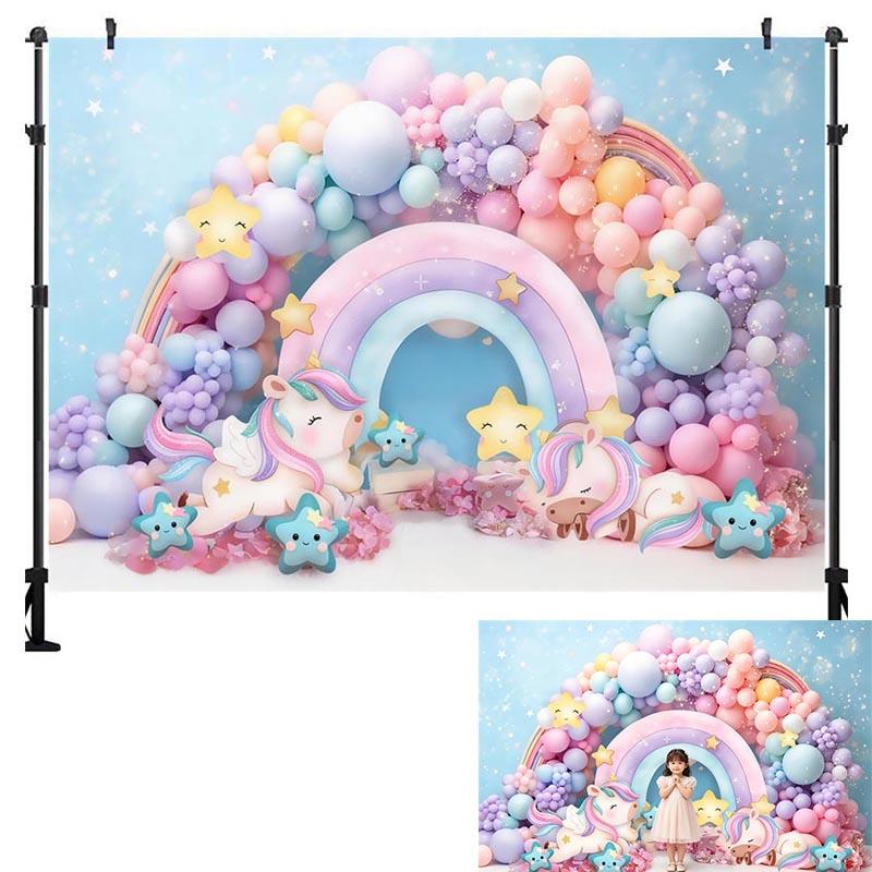 LS Rainbow Unicorn Happy Birthday Photography Backdrop Colorful Striped Cute Winged Unicorns Kids Baby Cake Smash Backgrounds Cotton-150x100cm