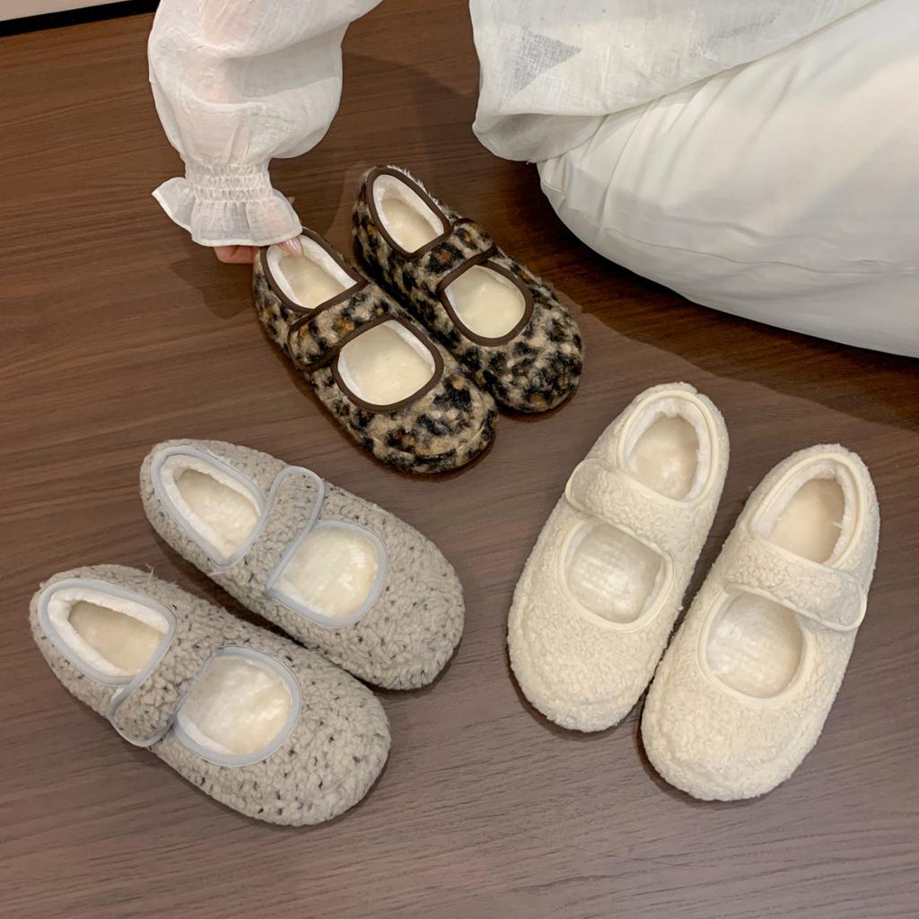Fairy Wind Leopard Print Velvet Mary Jane Shoes Women's Bread Shoes Gentle Warm Fluffy Shoes Wear Cotton Shoes
