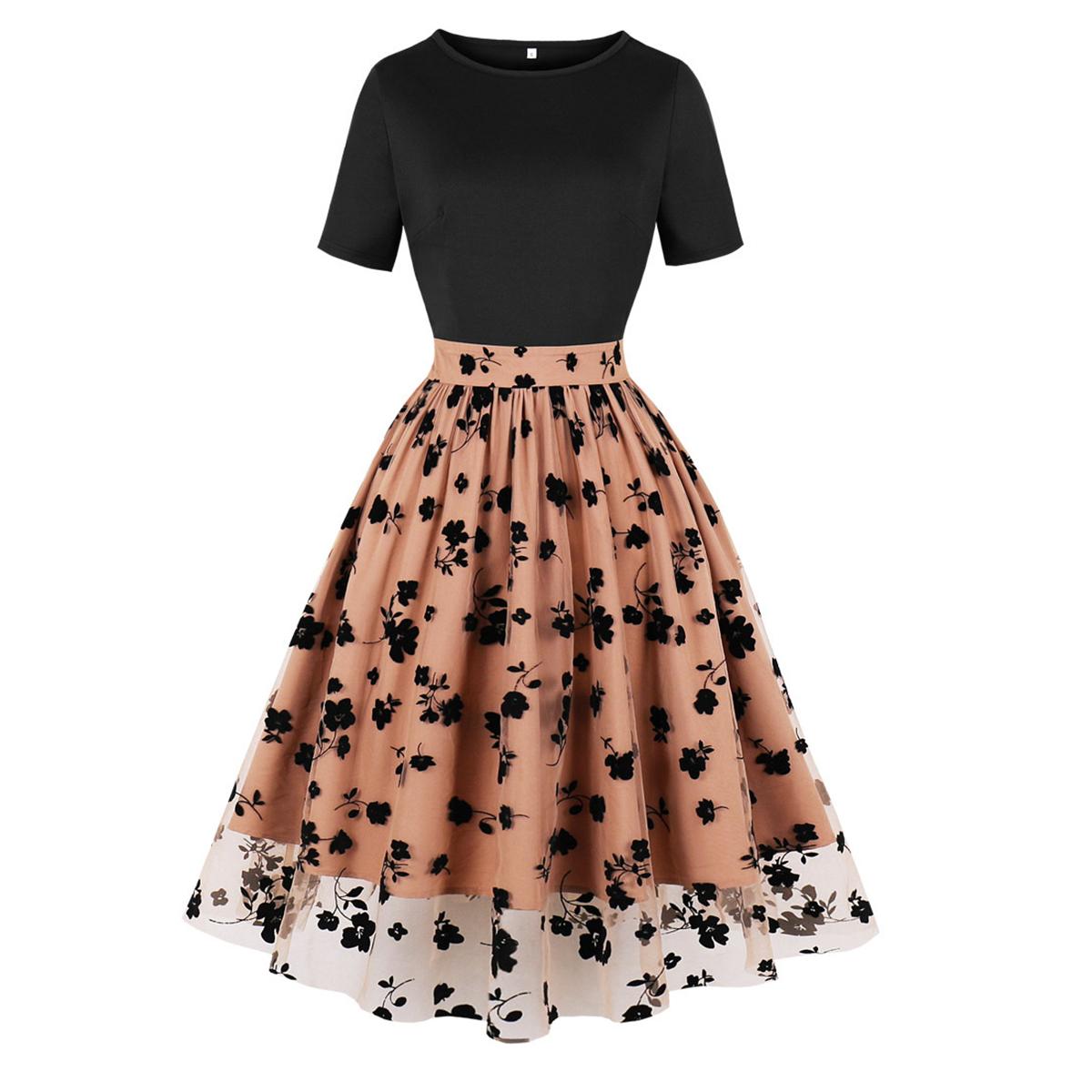 

Женские повседневные платья с круглым вырезом и короткими рукавами, с затянутой талией, газовая юбка с цветочным принтом, ретро-миди, свободное платье, летняя повседневная рабочая праздничная одежда M