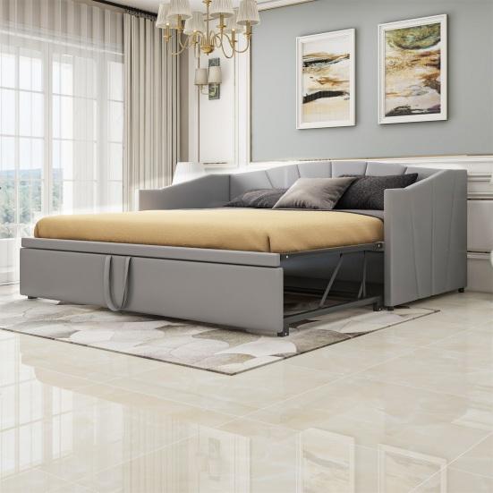 Upholstered Bed Extendable Sofa Bed 90/180x200cm with Slatted Frame, Multifunctional Bed Made of Skin-Friendly Velvet Fabric
