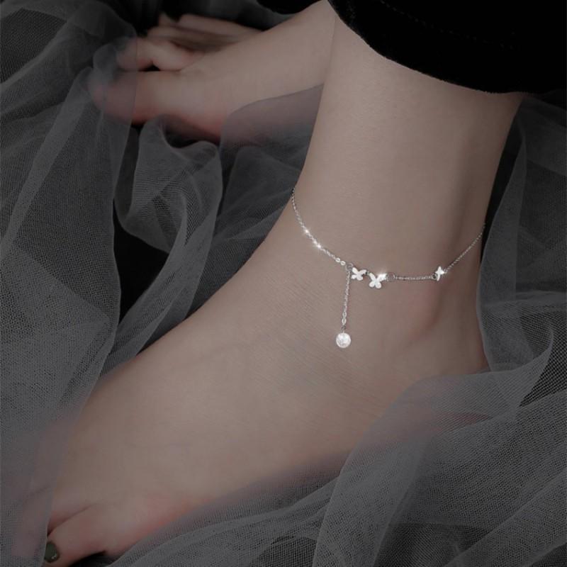 Sterling Butterfly Foot Chain With Zircon Crystals Tassel Boho Chic Womens Anklet Jewelry