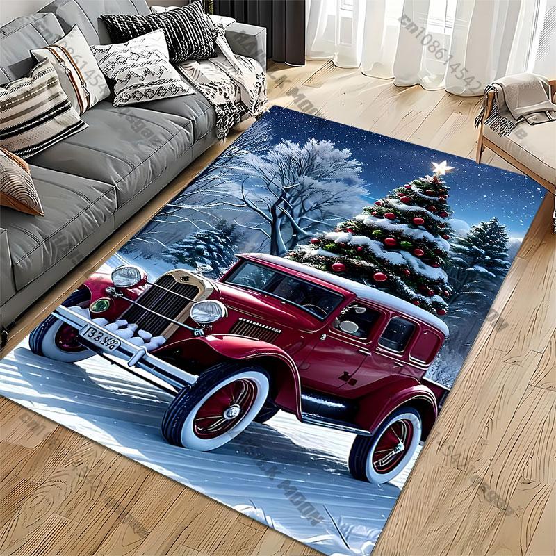Vintage car snowy Christmas scene carpet Yoga living room room decor children's crawling mat doormat area rug games mat