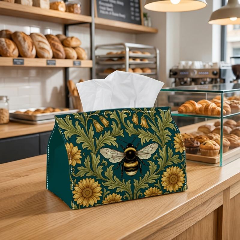 1pc Vintage Art Nouveau Tissue Box Cover,Bee Dark Green Floral High-Quality,Durable,Lightweight,Foldable Storage,Ideal for Living Room and Dining Room