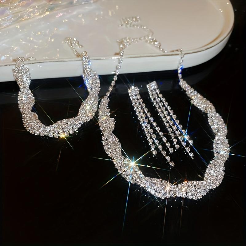 4Pcs French copper rhinestone jewelry set, necklace earrings bracelet, ideal for parties & banquets