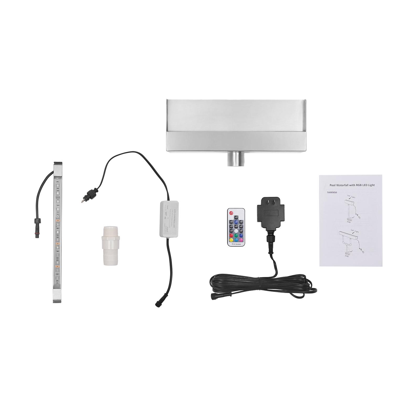 12-дюймовый фонтан для бассейна, многоцветная светодиодная подсветка с пультом дистанционного управления, перелив из нержавеющей стали для бассейна, садового пруда, патио серебряный