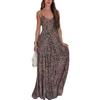 Women Spaghetti Strap V Neck Leopard Print Maxi Dress Casual Sleeveless Evening Party Gown