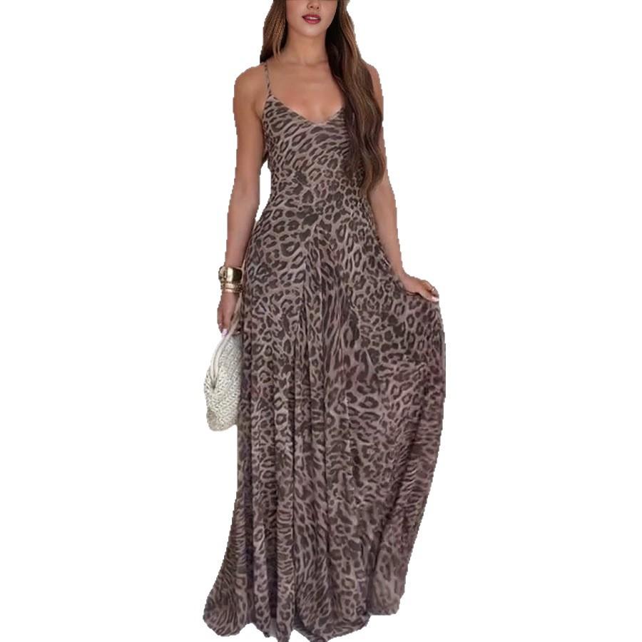 Women Spaghetti Strap V Neck Leopard Print Maxi Dress Casual Sleeveless Evening Party Gown