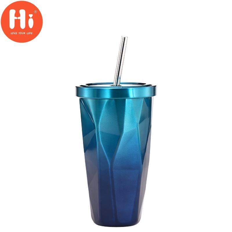 Hi Sticla de cafea din oțel inoxidabil 304 cu perete dublu de 500 ml, cu paie, ceașcă de bere rece cu pahar