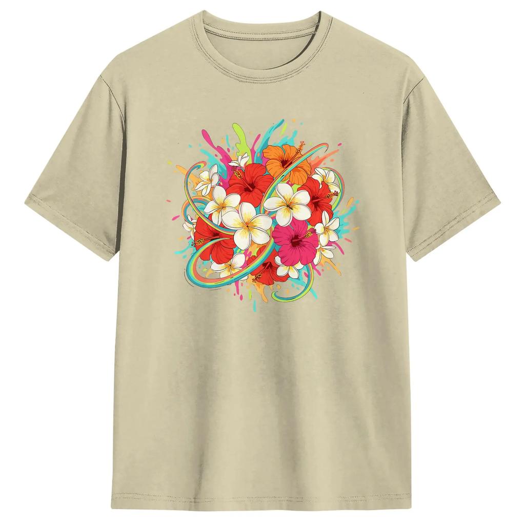 Unisex Hawaiian Summer Floral Hibiscus Plumeria Bouquet Comt Colors Adult Heavyweight T Shirt Clothes Short Sleeve Crewneck Tees