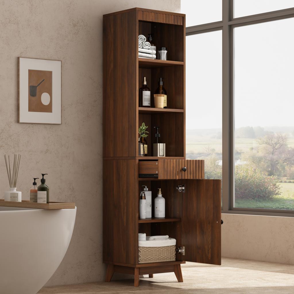 Mobile da Bagno Alto Autoportante, Frontali a Scanalature Verticali, Porta Reversibile Sinistra-Destra, Cassetto, Cerniere Soft-Close, 40×36×172 cm, Colore Noce