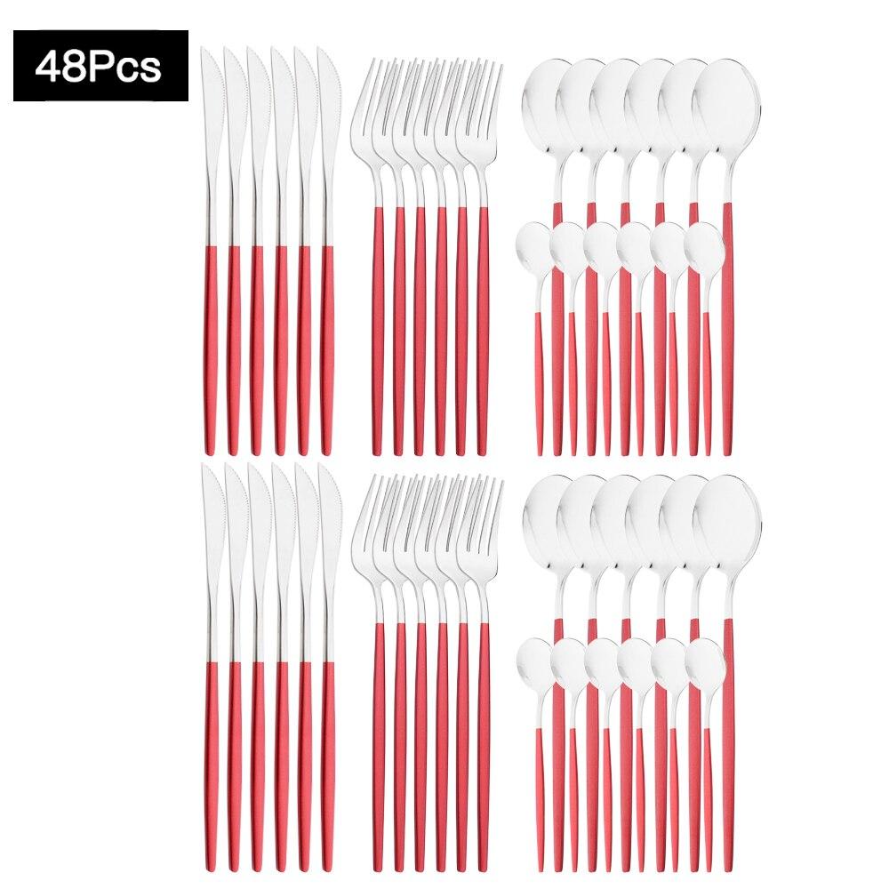 48Pcs Red Gold Cutlery Set Mirror Dinnenrware Set Stainless Steel Flatware Dinner Knife Fork Spoon Teaspoon For Home Tableware