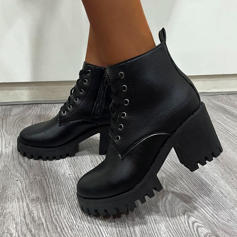 Fashion 2025Block Heel Short Thigh Boots Women's Fashion Round Toe Lace-Up Front Side Zipper Platform Waterproof Non-Slip Heels
