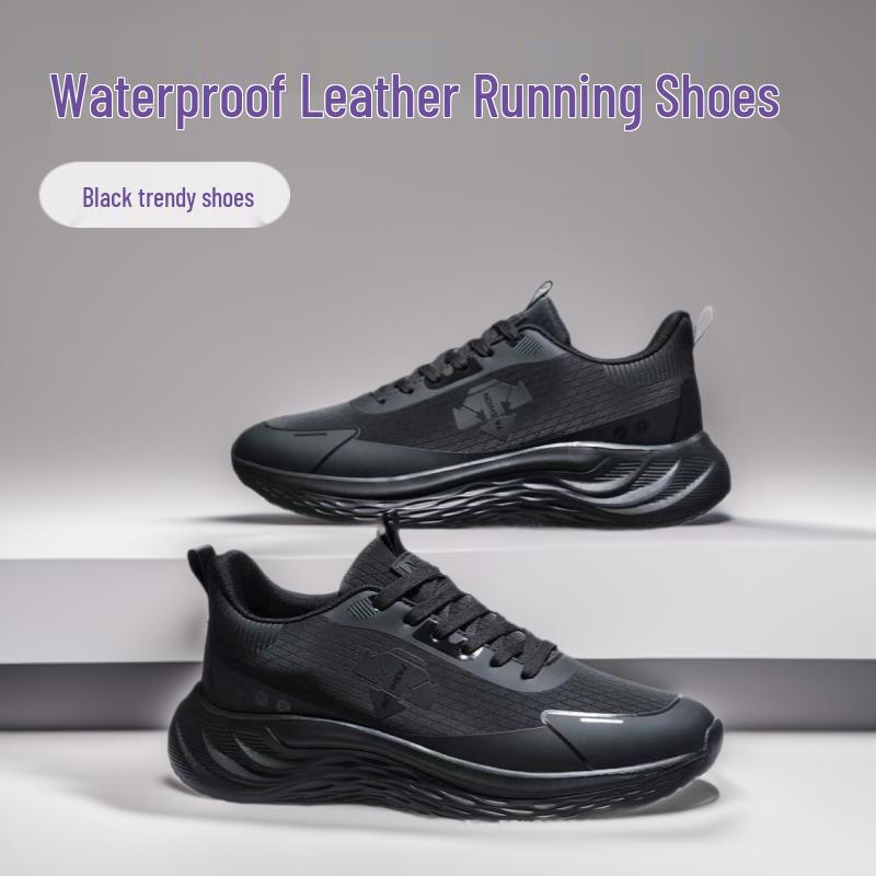 

Men s 2025 Waterproof Leather Running Sneakers - Versatile Thick-Soled Black Casual Shoes 43 чёрный