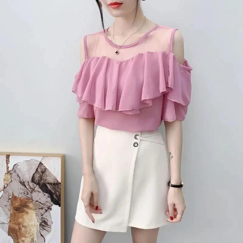 Women Off Shoulder Sexy Chiffon Blouses Summer Korean Fashion Clothes Ruffles Slim Sweet Ladies Casual Lace Tops Shirts Y2k