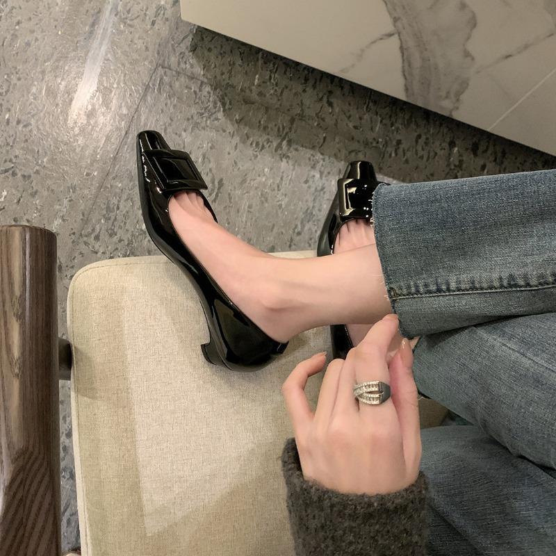 Design Director~ Leather Square Head Square Buckle Kitten Heel Single Shoes Women's OL Commuter Shoes