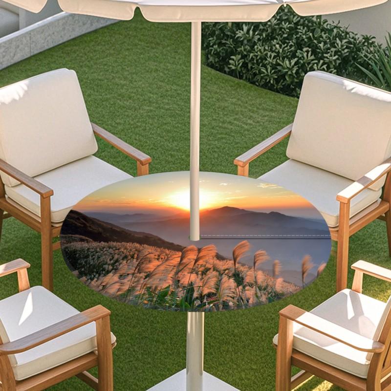 Outdoor Round Table Cover With Nature Print Waterproof Elastic Hem Patio Garden Deck