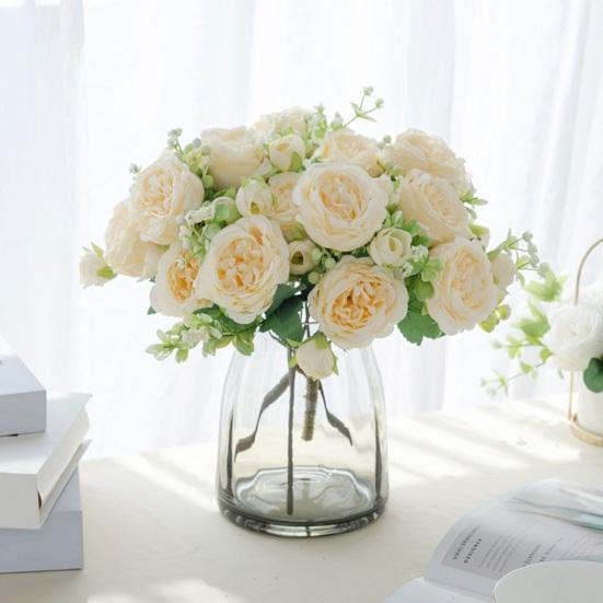 Realistic 5-Head Artificial Peony Flower with 4 Buds Lifelike Faux Silk Flower Bouquet for Vase Wedding Bouquets DIY Crafts Valentine's Day Home