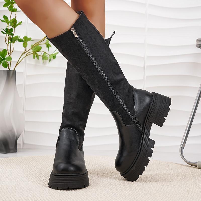 Fashion Non-Knee High Boots Autumn New Round Toe Spliced Side Zipper Platform Non-Slip Wear-Resistant Block Heel Single Boots