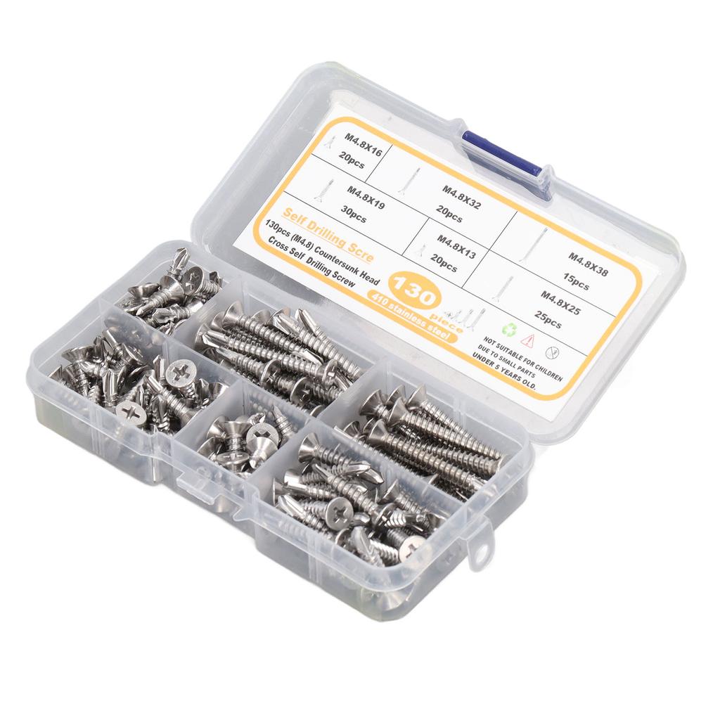 130 SZTUK Śruba Krzyżakowa z Płaskim Łbem Stal Nierdzewna M4.8 Odporne na Rdzę Wkręty Samowiercące do Włókna Szklanego