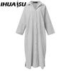IHUASU Rochie Maxi Casual cu Mânecă Lungă, cu Nasturi, cu Dungi, Stil Coreean pentru Femei