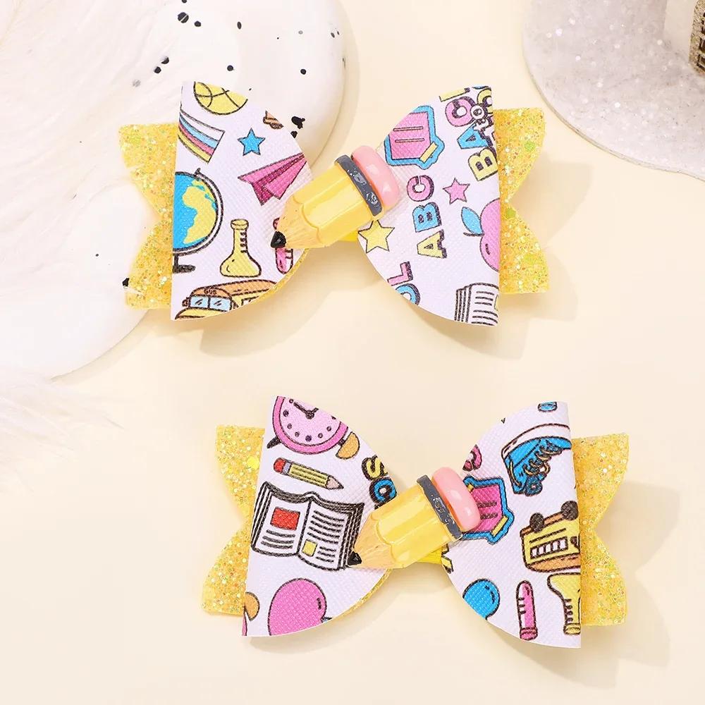 

LOVEKIKI 2Pcs Glitter Back To School Hair Bows Clip for Girls School Bus Hairpins Sweet Doughnut Headwear Hairgripes Gift